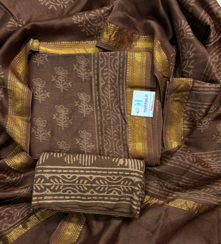 Brown Handblock Maheshwari Suit Material with Maheshwari Dupatta