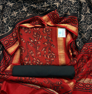Red Ajrakh Handblock Maheshwari Top Material with Maheshwari Dupatta