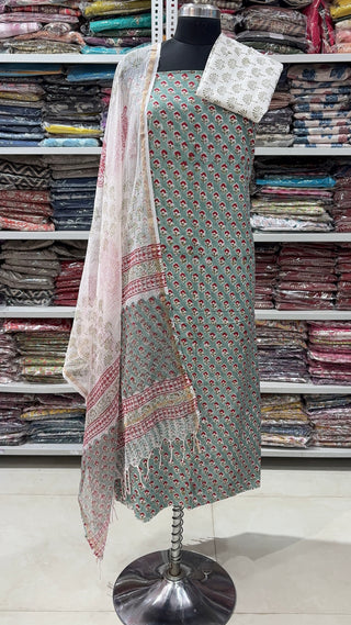Cotton Handblock Office Wear Suit fabric with Kota doria Dupatta
