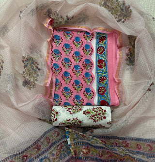 Cotton Handblock Office Wear Suit fabric with Kota Doria Dupatta (Code : 979)