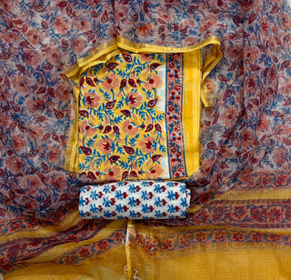 Cotton Handblock Office Wear Suit fabric with Kota Doria Dupatta (Code : 978)