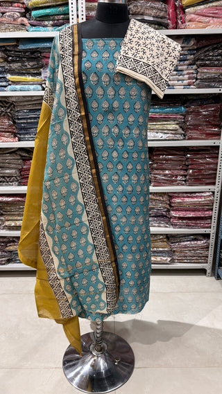 Handblock Chanderi Suit Material with Chanderi Dupatta(Lining Included)