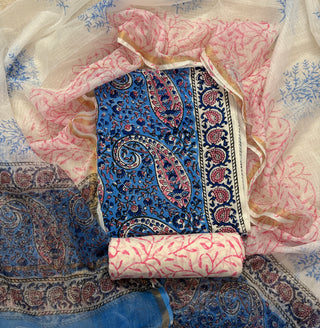 Cotton Handblock Office Wear Suit fabric with Kota Doria Dupatta (Code : 982)