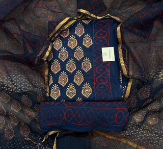 Ajrakh Print Cotton Handblock Office Wear Suit fabric with Kota Doria Dupatta (Code : 987)