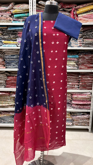 Bandhani/Bandhage Handblock Chanderi Suit Material with Chanderi Dupatta(Lining Included)