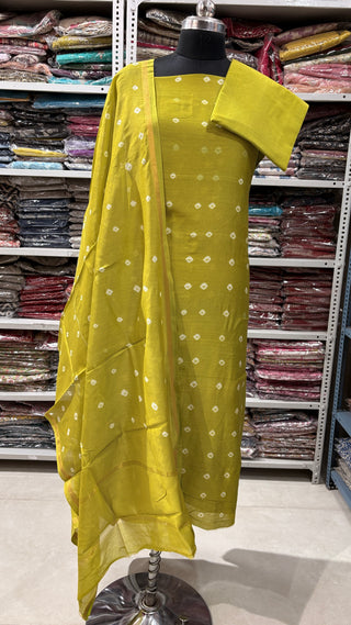 Bandhani/Bandhage Handblock Chanderi Suit Material with Chanderi Dupatta(Lining Included)
