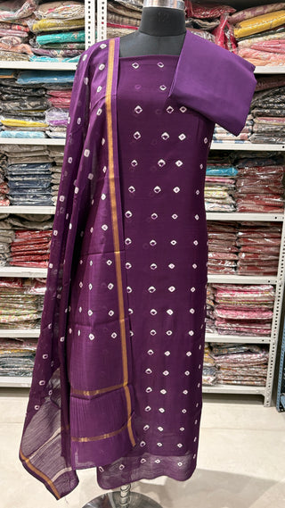 Bandhani/Bandhage Handblock Chanderi Suit Material with Chanderi Dupatta(Lining Included)