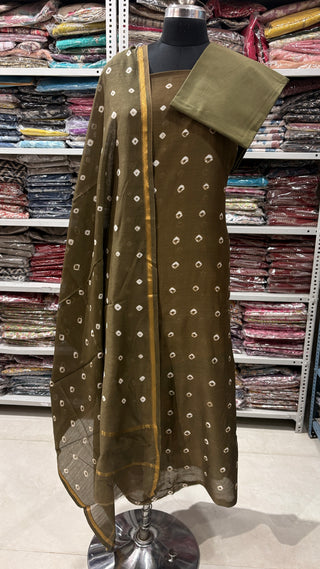 Bandhani / bandhage Handblock Chanderi Suit Material with Chanderi Dupatta(Lining Included)
