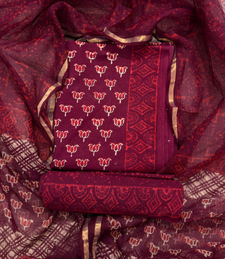 Ajrakh Print Cotton Handblock Office Wear Suit fabric with Kota Doria Dupatta (Code : 989)