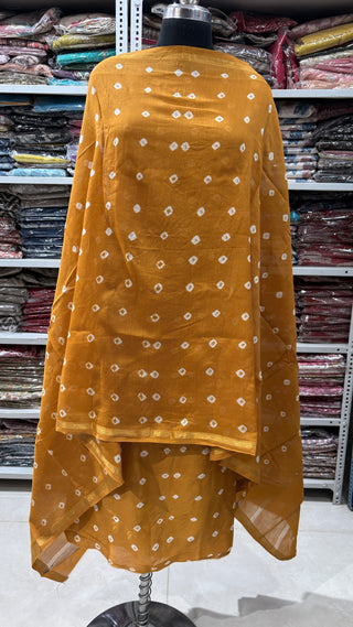 Bandhani/Bandhage Handblock Chanderi Suit Material with Chanderi Dupatta(Lining Included)