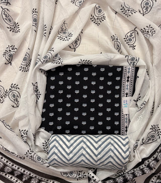 Black Handblock Print Cotton Suit fabric with Cotton Dupatta