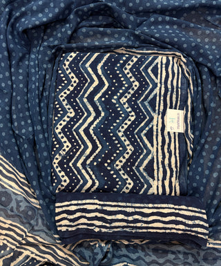 Indigo color Handblock Office Wear Suit fabric with pure cotton Dupatta