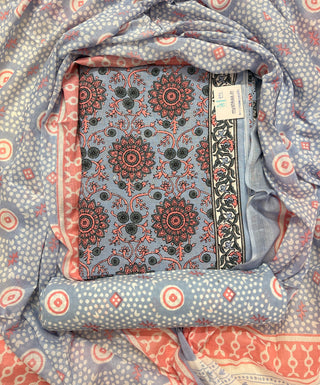 Blue Handblock Print Cotton Suit fabric with Cotton Dupatta