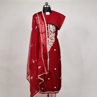 Maroon Office Wear Suit fabric with organic organza Dupatta