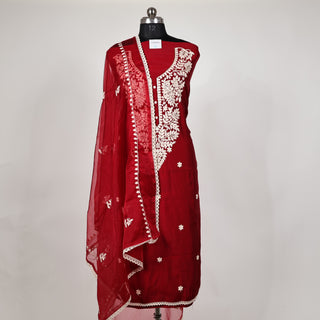 Maroon Office Wear Suit fabric with organic organza Dupatta