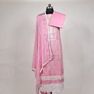 Pink Office Wear lace work Suit fabric with Chiffon Dupatta