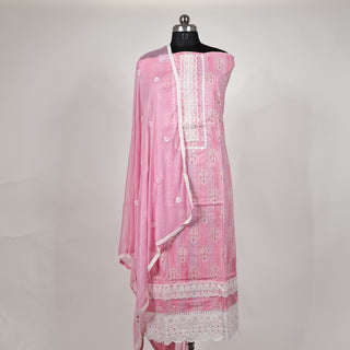 Pink Office Wear lace work Suit fabric with Chiffon Dupatta