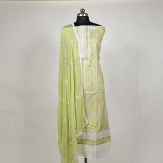 Light Green Office Wear lace work Suit fabric with Chiffon Dupatta