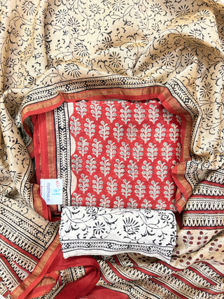 Red Handblock Chanderi Suit Material with Chanderi Dupatta