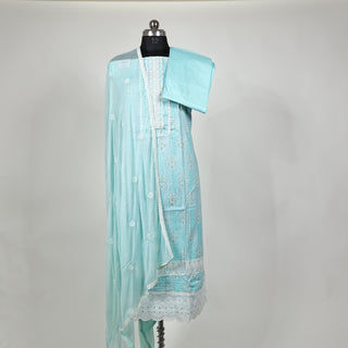 Firozi Office Wear lace work Suit fabric with Chiffon Dupatta