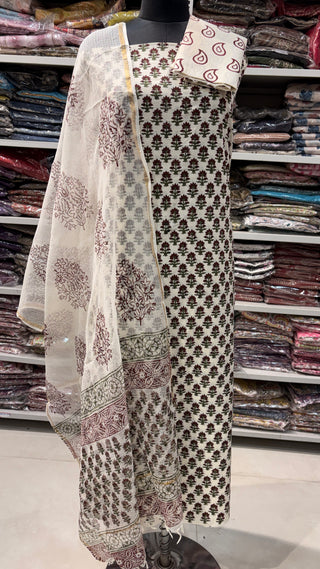Cotton Handblock Office Wear Suit fabric with Kota doria Dupatta