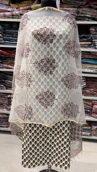 Cotton Handblock Office Wear Suit fabric with Kota doria Dupatta