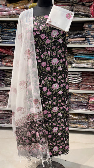 Cotton Handblock Office Wear Suit fabric with Kota doria Dupatta