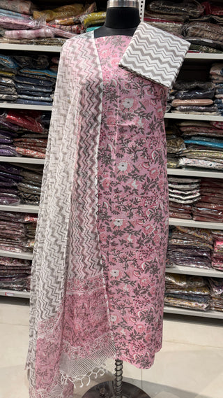 Premium Cotton Block Print Office Wear Suit fabric with Kota Doria Dupatta (44 inch width)