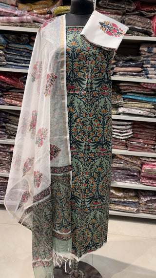 Cotton Handblock Office Wear Suit fabric with Kota doria Dupatta