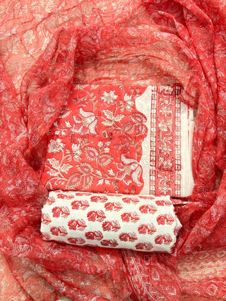 Premium Cotton Block Print Office Wear Suit fabric with Kota Doria Dupatta (44 inch width) and Heavy Bottom