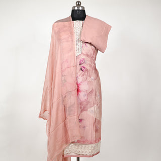 Peach Office Wear lace work Suit fabric with Chiffon Dupatta