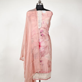 Peach Office Wear lace work Suit fabric with Chiffon Dupatta