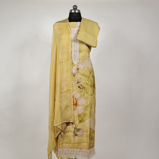 Yellow Office Wear lace work Suit fabric with Chiffon Dupatta