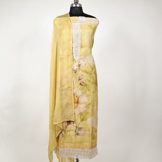 Yellow Office Wear lace work Suit fabric with Chiffon Dupatta