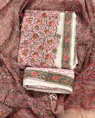 Premium Cotton Block Print Office Wear Suit fabric with Kota Doria Dupatta (44 inch width) and Heavy Bottom