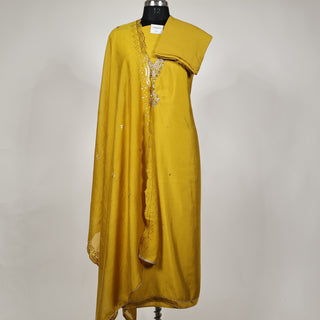 Mustard Party Wear Roman Silk Suit Fabric and muslin embroidery dupatta