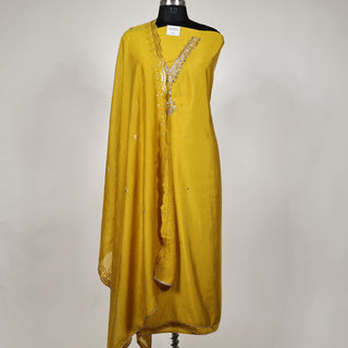 Mustard Party Wear Roman Silk Suit Fabric and muslin embroidery dupatta