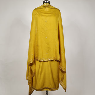 Mustard Party Wear Roman Silk Suit Fabric and muslin embroidery dupatta