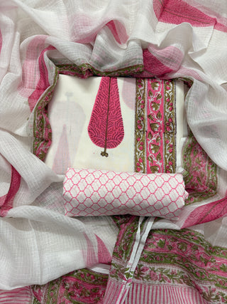 Premium Cotton Block Print Office Wear Suit fabric with Kota Doria Dupatta (44 inch width) and Heavy Bottom