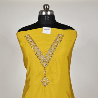 Mustard Party Wear Roman Silk Suit Fabric and muslin embroidery dupatta