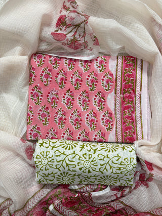 Premium Cotton Block Print Office Wear Suit fabric with Kota Doria Dupatta (44 inch width) and Heavy Bottom