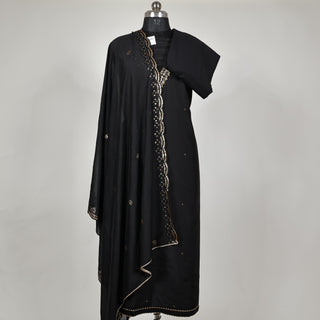 Black Party Wear Roman Silk Suit Fabric and muslin embroidery dupatta