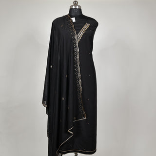 Black Party Wear Roman Silk Suit Fabric and muslin embroidery dupatta