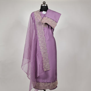 Mauve Party Wear Designer Suit fabric with lace work on bottom