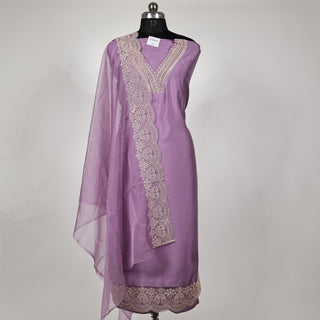 Mauve Party Wear Designer Suit fabric with lace work on bottom