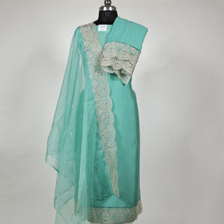 Sea Green Party Wear Designer Suit fabric with lace work on bottom