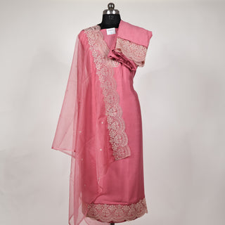 Pink Party Wear Designer Suit fabric with lace work on bottom