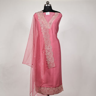 Pink Party Wear Designer Suit fabric with lace work on bottom