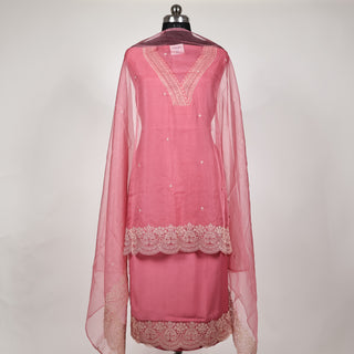 Pink Party Wear Designer Suit fabric with lace work on bottom