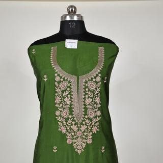 Green Party Wear Designer Suit fabric with embroidery and banarasi dupatta